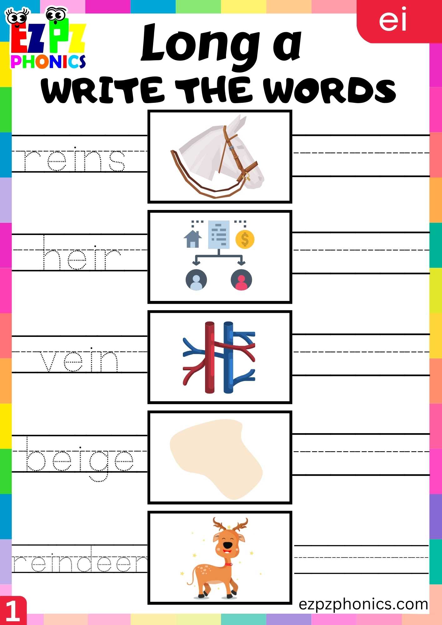 EI Words Write The Words Long A Phonics Worksheet
